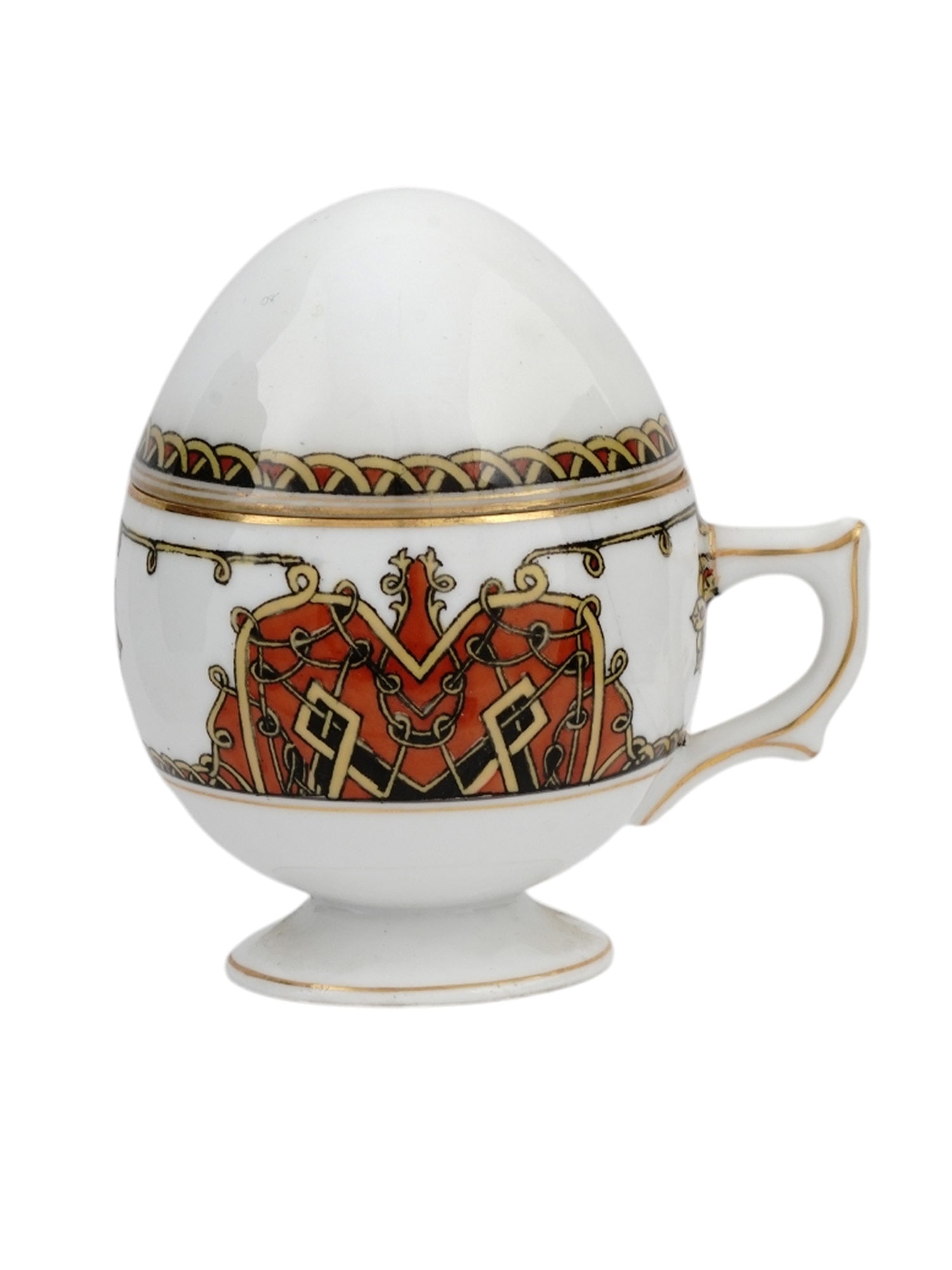 A KORNILOV MANUFACTURER PORCELAIN LIDDED CUP, C. 1900.: This lidded egg-form cup is decorated with the characteristic Kornilov pan-Slavic design. The verso is marked in brown ink underglaze; 'Made in Russia by Kornilow Bros. 47'. Imperial Russia, c. 1900.