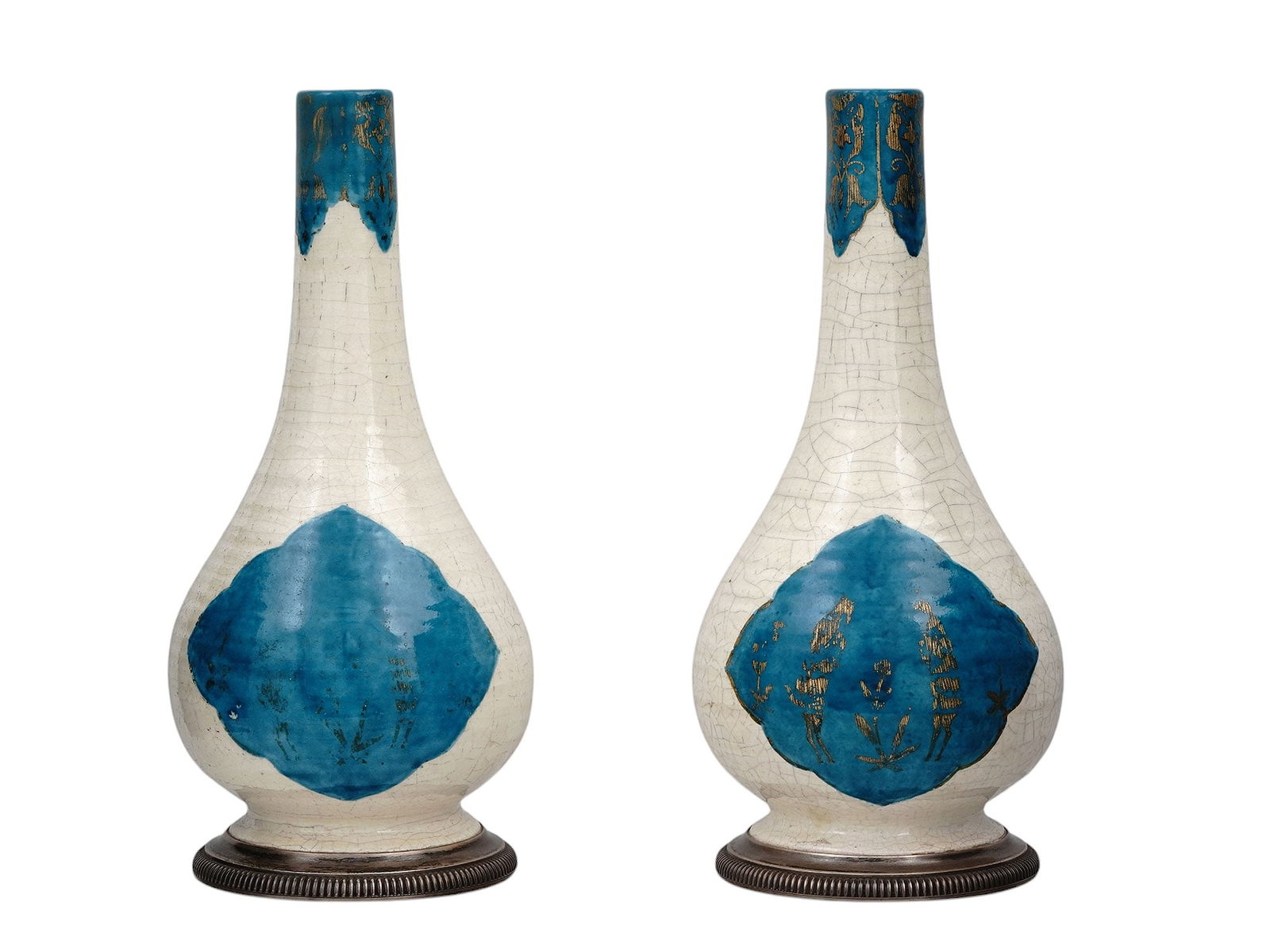A PAIR OF SAMSON PORCELAIN, PARIS, 19TH CEN. VASES WITH SILVER BASES BY CARTIER (1 of 7)