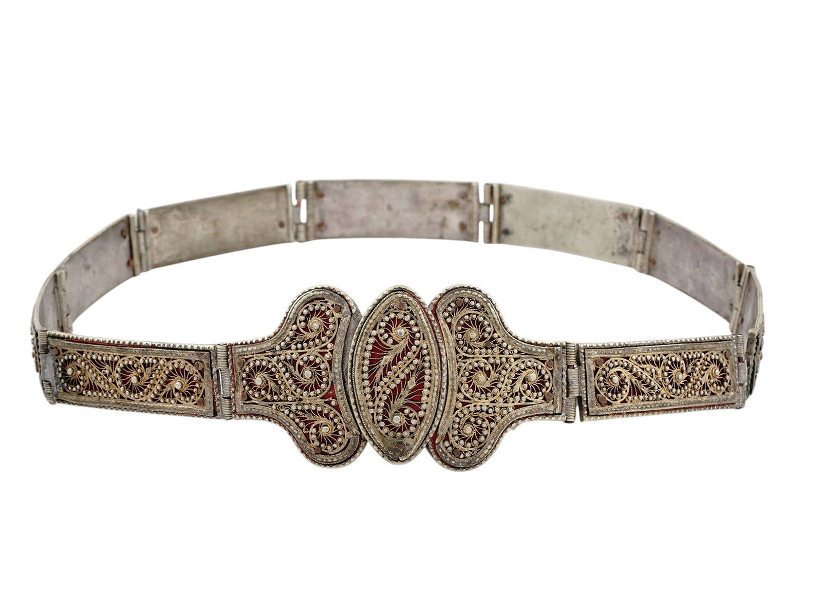 A TURKISH CEREMONAL SILVER FILIGREE AND GILT BELT, 19TH CEN. (1 of 7)