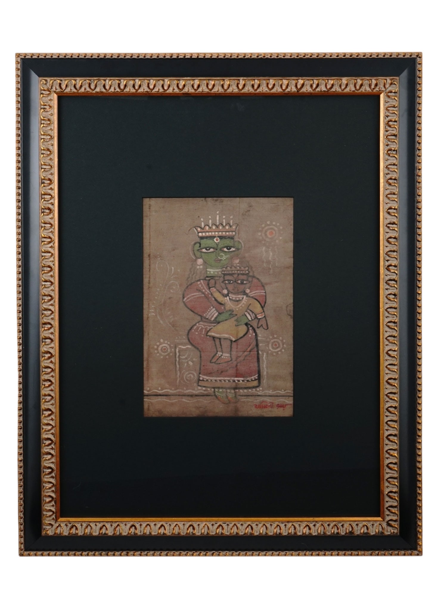 A JAMINI ROY (INDIAN 1887-1972) TEMPERA ON CLOTH PASTED ON BOARD MOTHER AND CHILD PAINTING: Jamini Roy was one of the most important Indian artists of International fame. He was one of the most famous students of Abanindranath Tagore. His simplified minimalistic flattened-out style reminisce