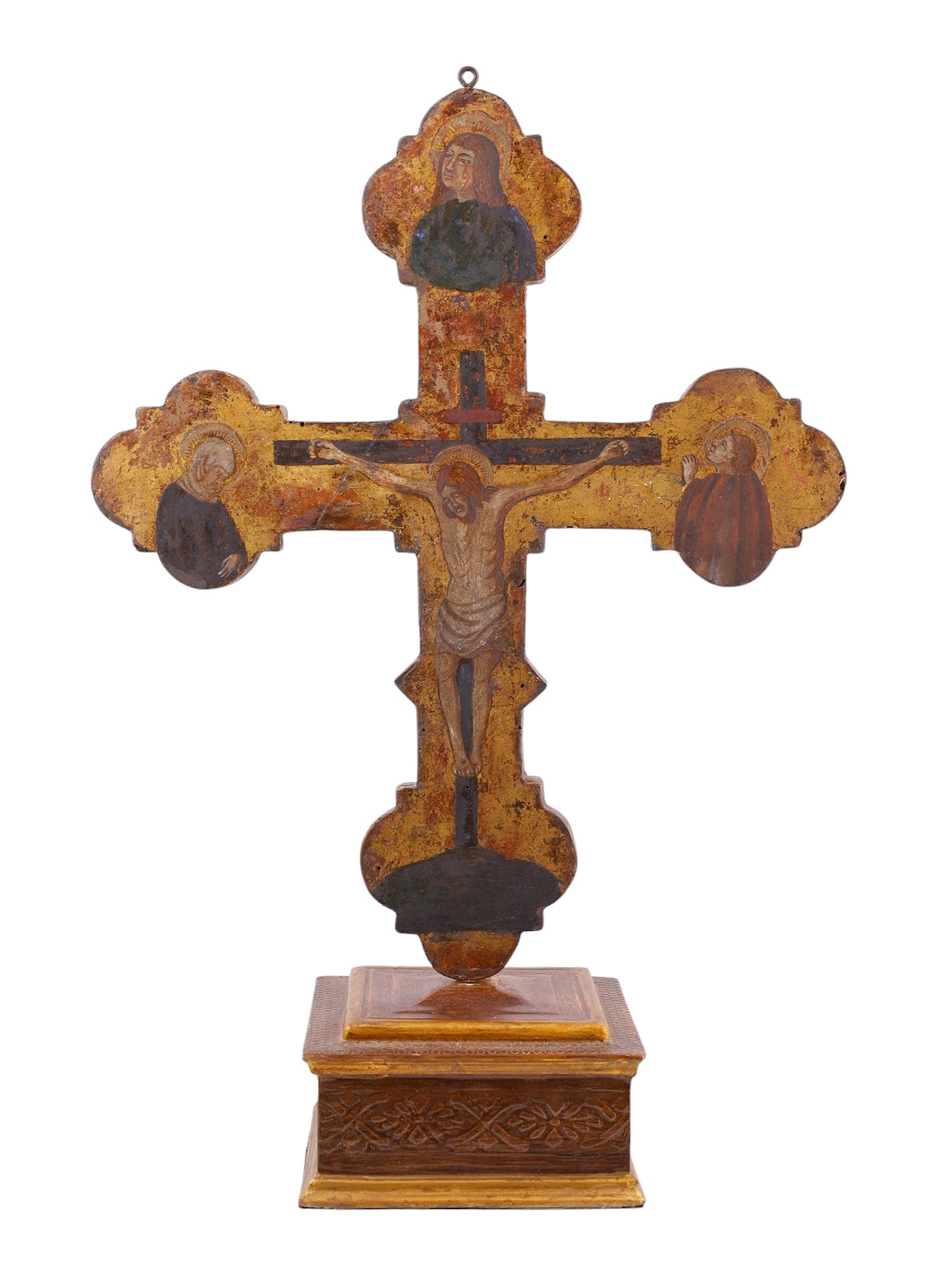 A RENAISSANCE CRUCIFIX, HAND PAINTED, ATTRIBUTED TO JACOPO DEL SELLAIO (1441-1493): Attributed to Jacopo del Sellaio, Italian, (ca. 1441–1493). Processional cross (recto/verso). Carved wood, gilding, oil paint. Provenance: A New York Private Collection. Dimensions: H: 19 1/2 in., (