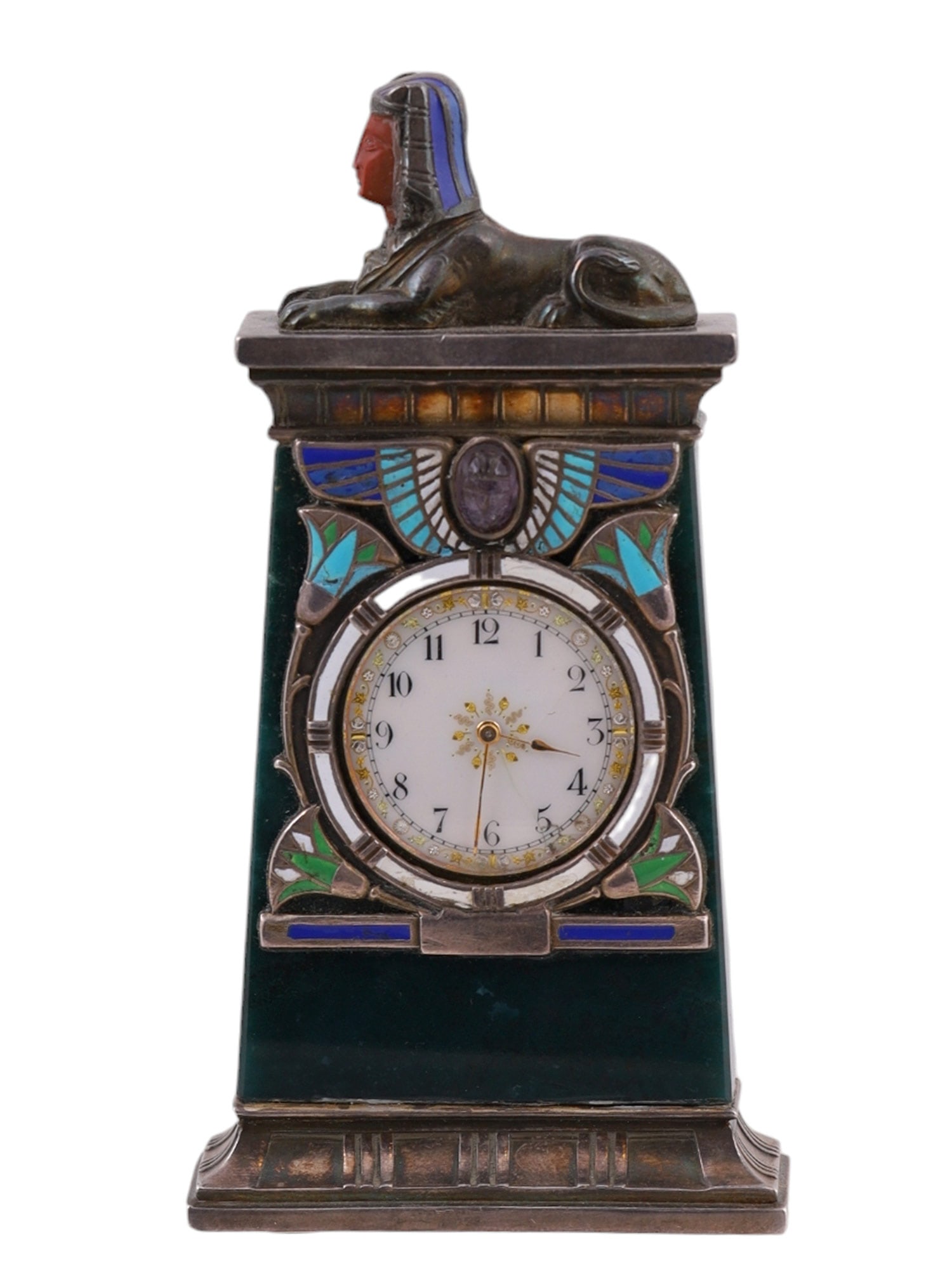 A SWISS STONE, SILVER, GITL AND ENAMEL EGYPTIAN REVIVAL TRAVEL TIMEPIECE, C. 1920 (1 of 6)