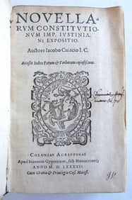 1592 LAW BOOK NOVELLARUM CONSTITUTIONUM ANTIQUE JACQUES CUJAS IN LATIN VELLUM