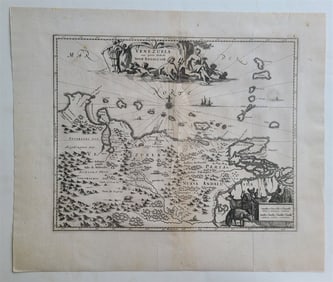 1671 MAP VENEZUELA CUM PARTE AUSTRALI NOUAE ANDALUSIAE ANTIQUE 15X18" 17TH CENT.