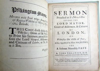 1690 DR. TILLOTSON'S FAST SERMON BEFORE LORD MAYOR ANTIQUE IN ENGLISH