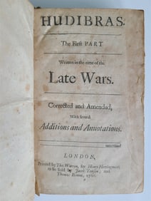 1700 HUDIBRAS BY SAMUEL BUTLER ANTIQUE IN ENGLISH POLITICAL SATIRE