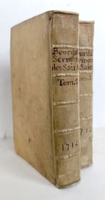 1712 SERMONS DU PERE BOURDALOUE ANTIQUE 2 VOLUMES VELLUM BINDING