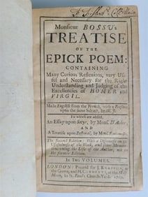 1719 MONSIEUR BOSSU'S TREATISE OF THE EPICK POEM ANTIQUE IN ENGLISH