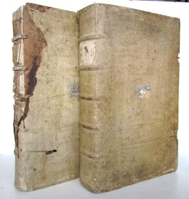 1730 BIBLE 2 VOLUMES LATIN GERMAN BIBLIA ANTIQUE HAND TOOLED PIGSKIN BOUND FOLIO