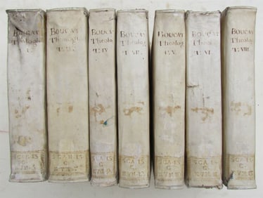 1736 VELLUM BINDING 7 VOLUMES LOT THEOLOGIA PATRUM BY ANTONIO BOUCAT ANTIQUE