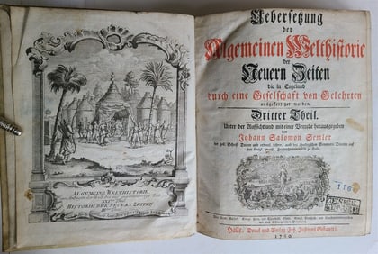 1760 WORLDS HISTORY IN GERMAN ANTIQUE ILLUSTRATED W/ CENTRAL ASIA MAP VELLUM