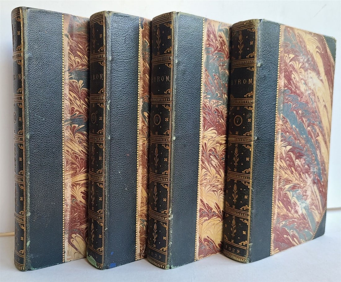 1829 WORKS OF LORD BYRON 4 VOLUMES ANTIQUE POETRY IN ENGLISH: WORKS of LORD BYRON London; 1829 4 volumes (of 6) Size 4 1/4 by 6 3/4" Original 3/4 leather over marbled boards, marbled endpapers and edges very good condition, some wear of bindings One title page (
