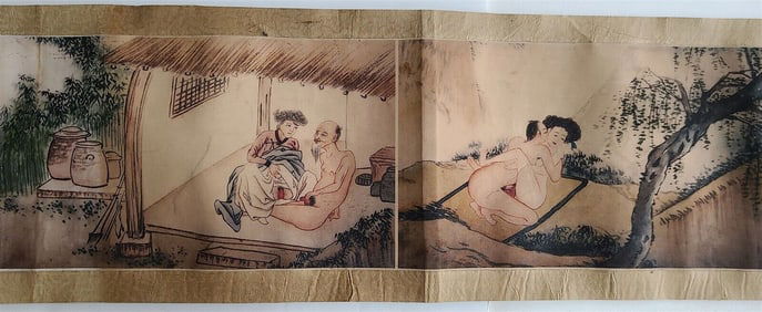 1920S CHINESE EROTIC SCROLL HAND PAINED VINTAGE SHUNGA 10 BY 133"