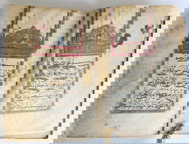 19TH CENTURY MANUSCRIPT KORAN IN OTTOMAN TURKISH LANGUAGE ANTIQUE ILLUMINATED