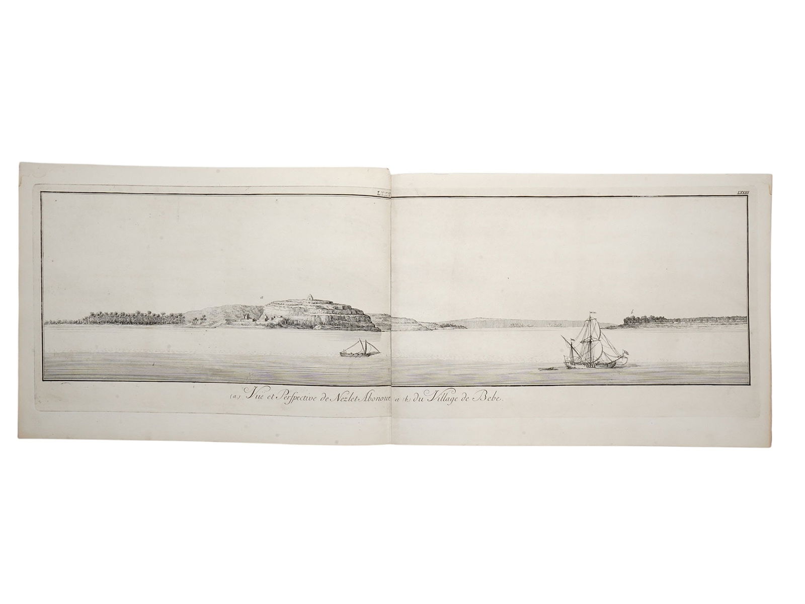 A 1755 ENGRAVING, F. L. NORDEN'S VOYAGE D'EGYPTE ET DE NUBIE, VIEW OF NEZLET ABONOUR AND THE VILLAGE (1 of 4)