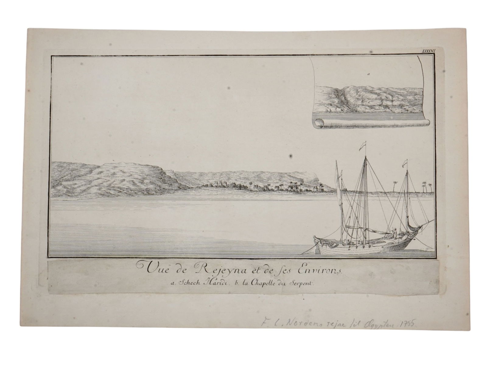 A 1755 ENGRAVING, F. L. NORDEN'S VOYAGE D'EGYPTE ET DE NUBIE, VIEW OF REJEYNA AND ITS ENVIRONS (1 of 5)
