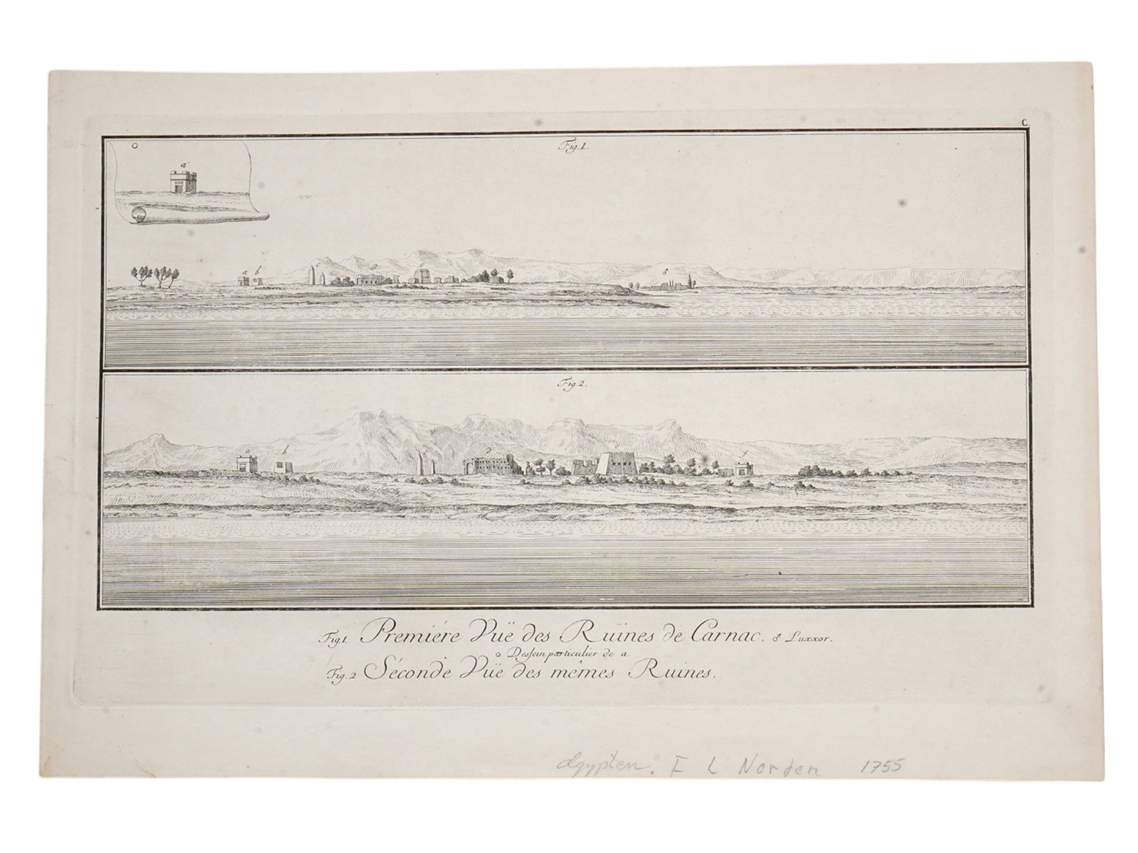 A 1755 ENGRAVING, F. L. NORDEN'S VOYAGE D'EGYPTE ET DE NUBIE, 2 VIEWS OF THE TEMPLE OF KARNAK NEAR (1 of 6)