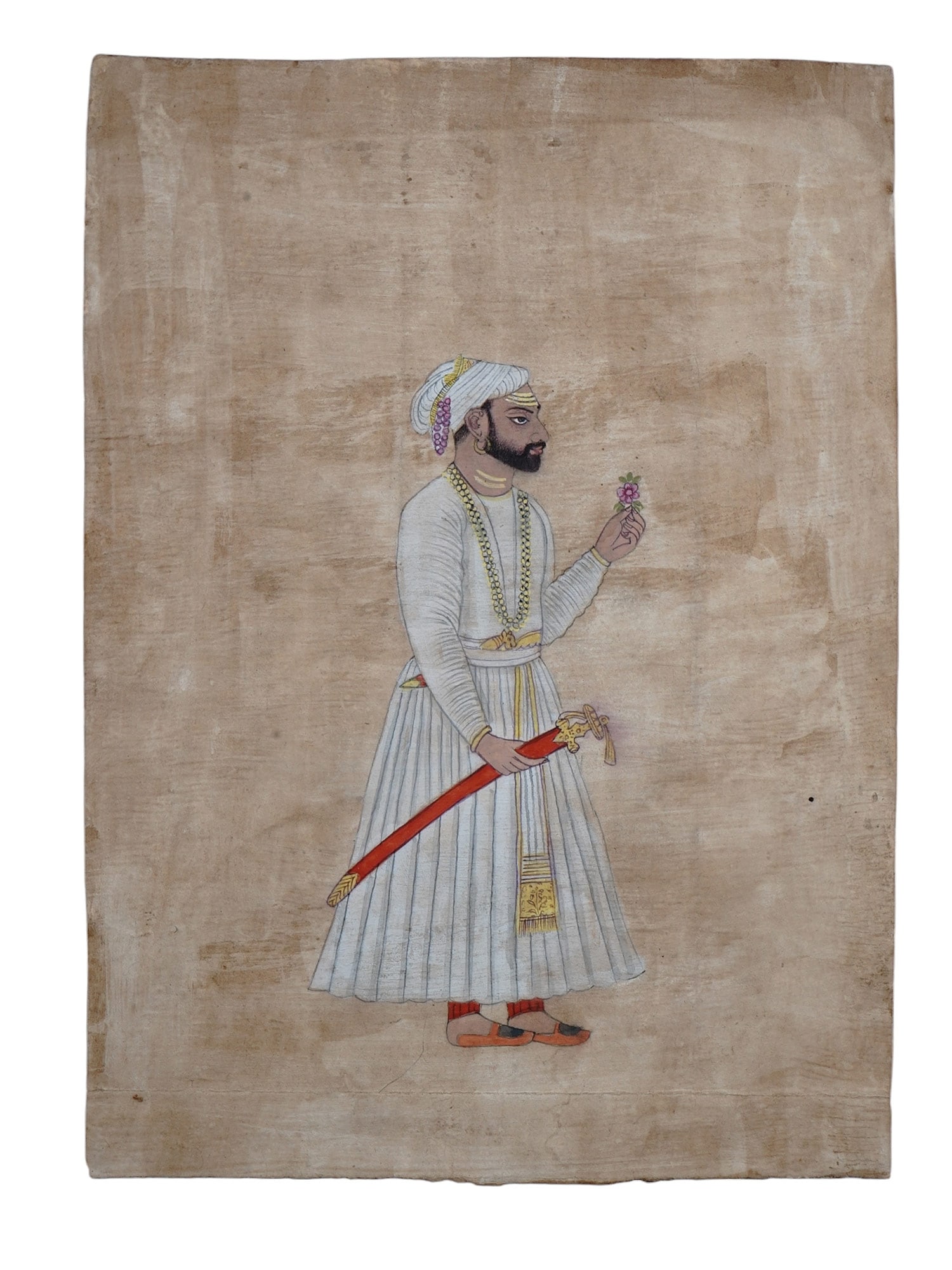 AN INDIAN MINIATURE PAINTING DEPICTING A NOBLE WITH TULWAR SWORD, 19TH CEN (1 of 2)