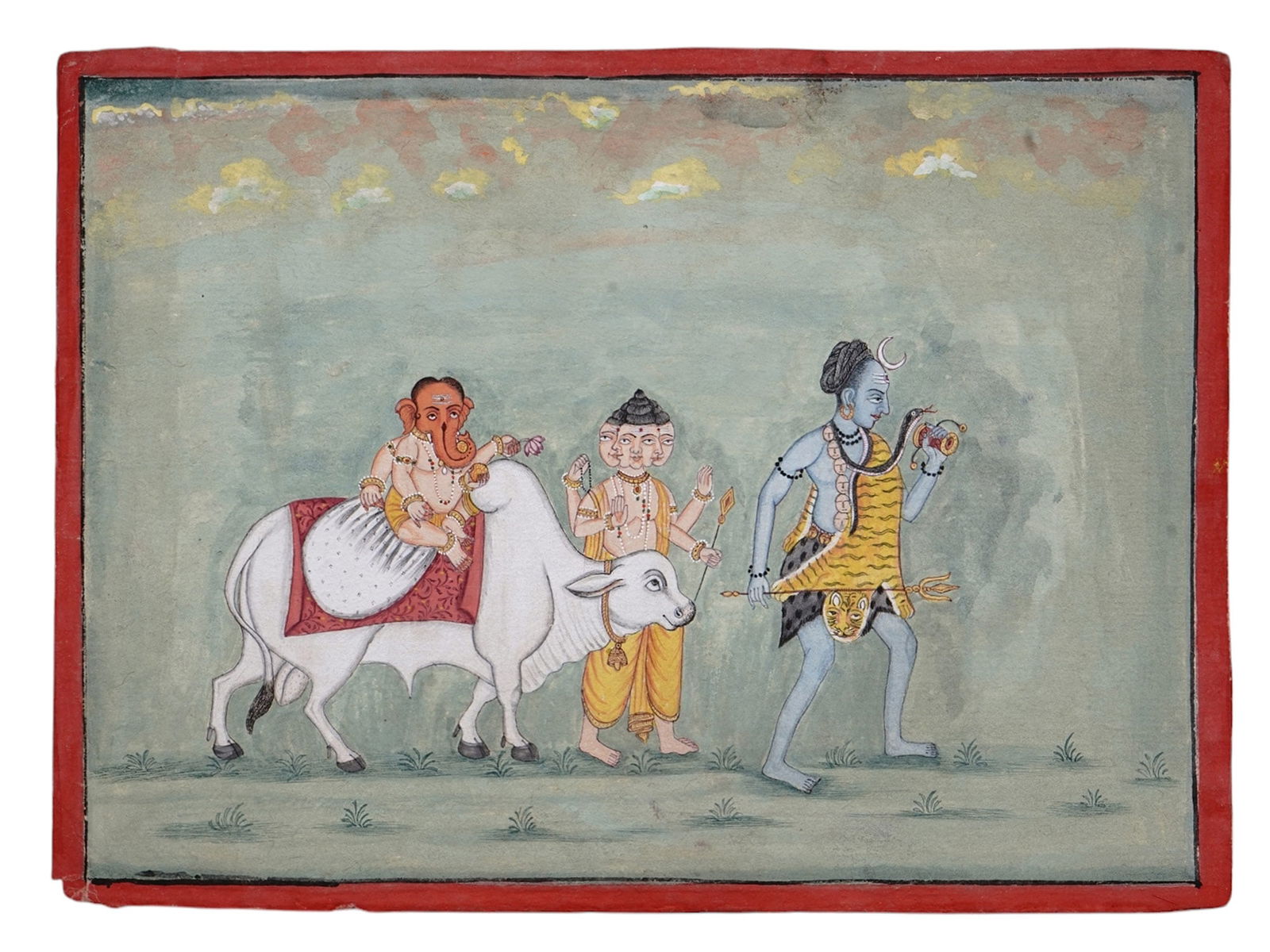AN INDIAN MINIATURE PAINTING, PAHARI SCHOOL, SHIVA, BRAHMA AND GANESHA ON THE NANDI BULL (1 of 2)