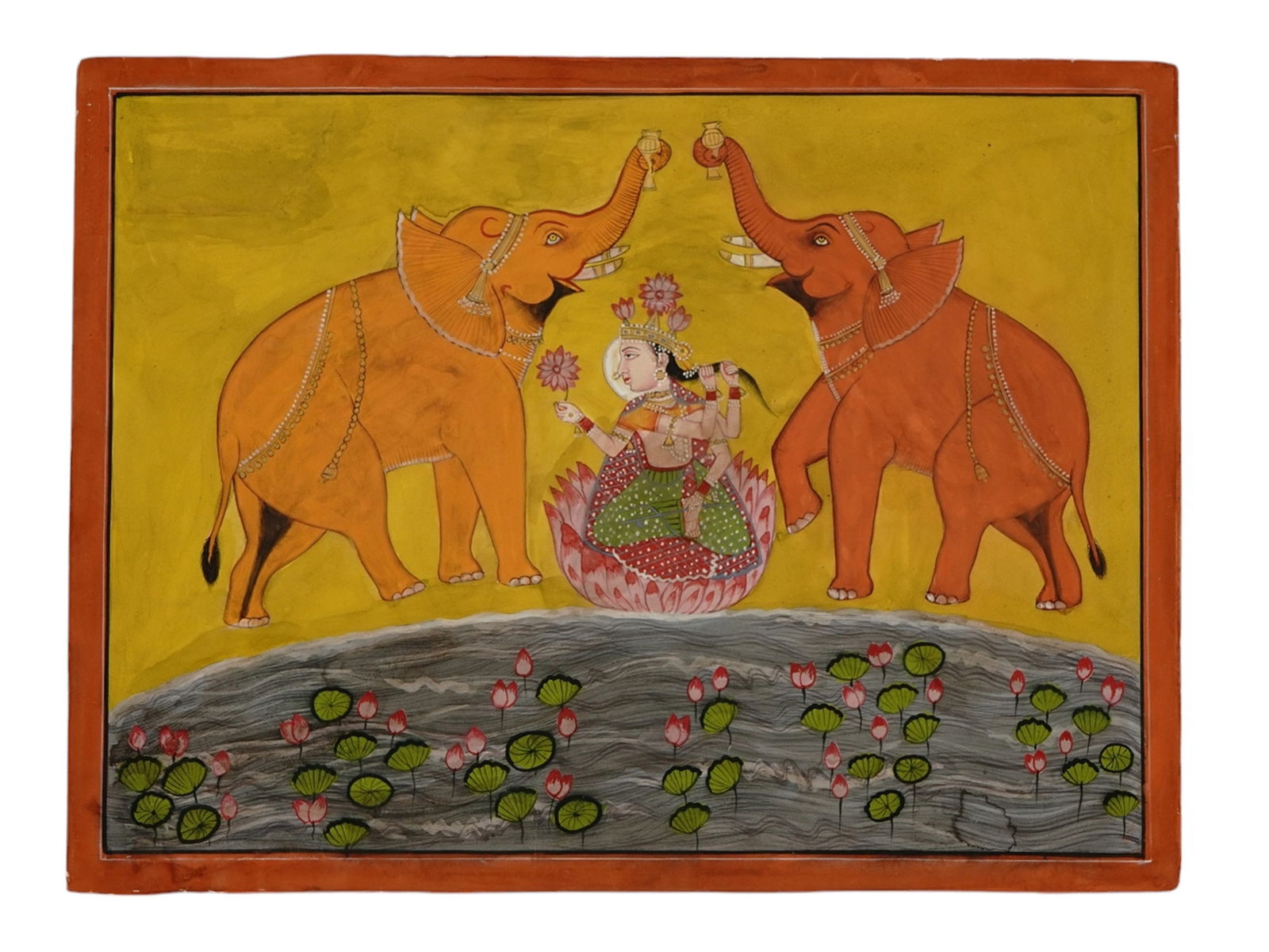 AN INDIAN MINIATURE PAINTING, BUNDI SCHOOL, GODDESS GAJA LAKSHMI ON A LOTUS FLOWER NEAR A POND (1 of 2)