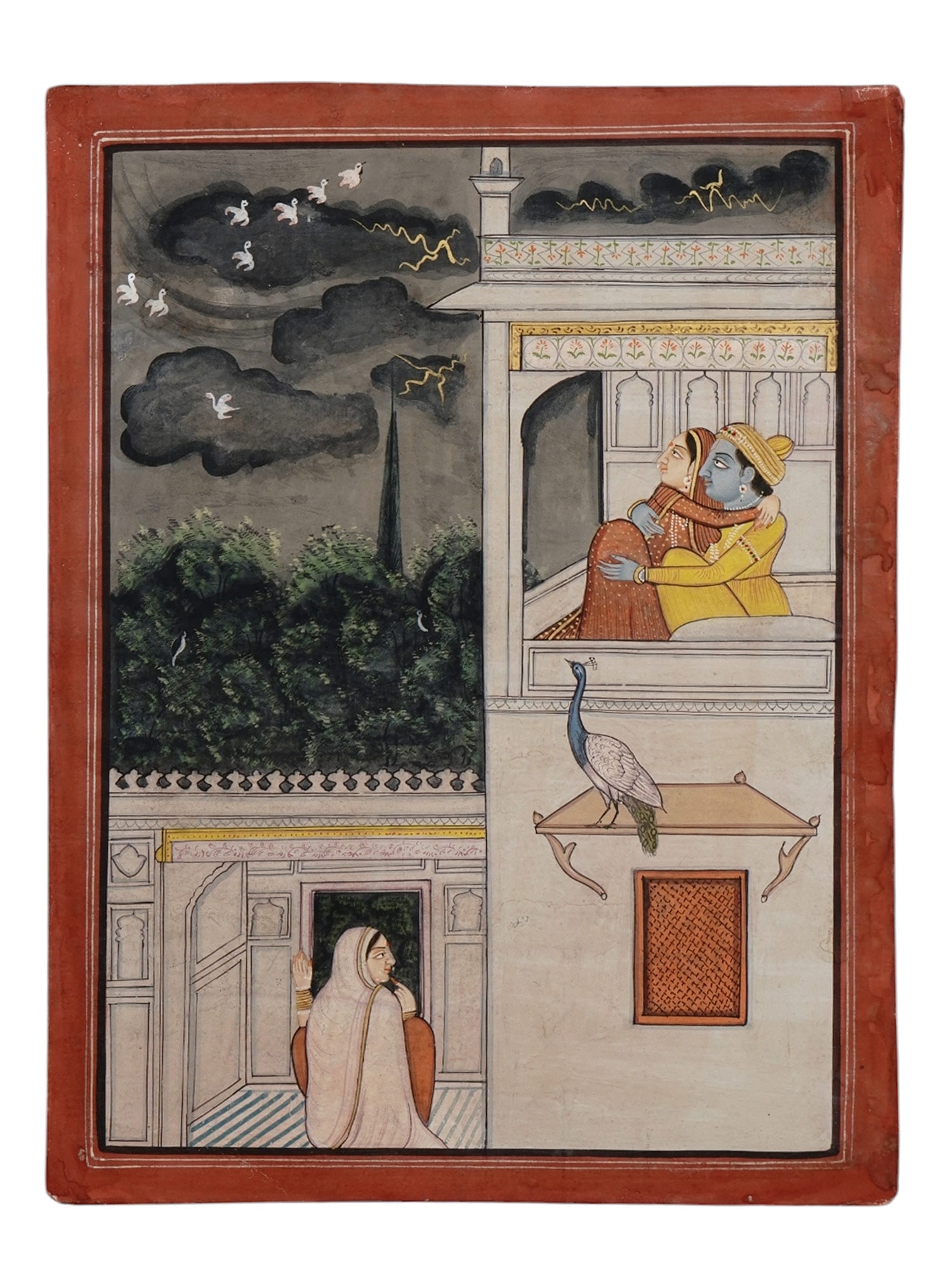 AN INDIAN MINIATURE PAINTING, BUNDI SCHOOL, KING AND QUEEN WATCHING BIRDS WHILE AN ATTENDANT WAITS: Indian miniature painting Bundi School of a King and Queen watching a bird from the palace while an attendant waits. Bundi School of Painting is a style of Indian miniature painting that originated in