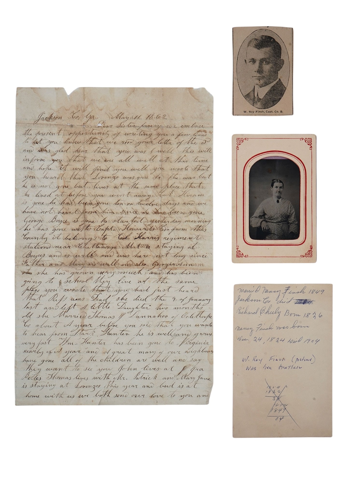 A CIVIL WAR HOMEFRONT LETTER WITH PHOTOGRAPHS, MAY 1862, JACKSON COUNTY GEORGIA: A letter from Jackson County, Georgia in the midst of the Civil War, containing communication between women of the area primarily concerning news about which men have gone away to war, where they have