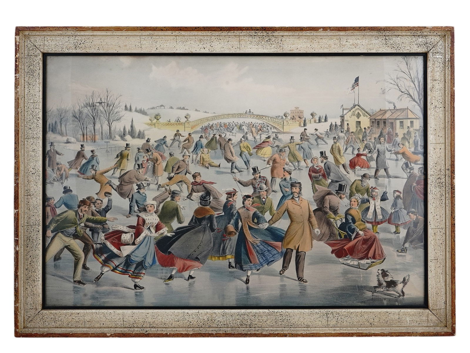 A 19TH C. CURRIER AND IVES LITHOGRAPH PRINT, 'CENTRAL PARK, THE SKATING POND', FRAMED (1 of 5)