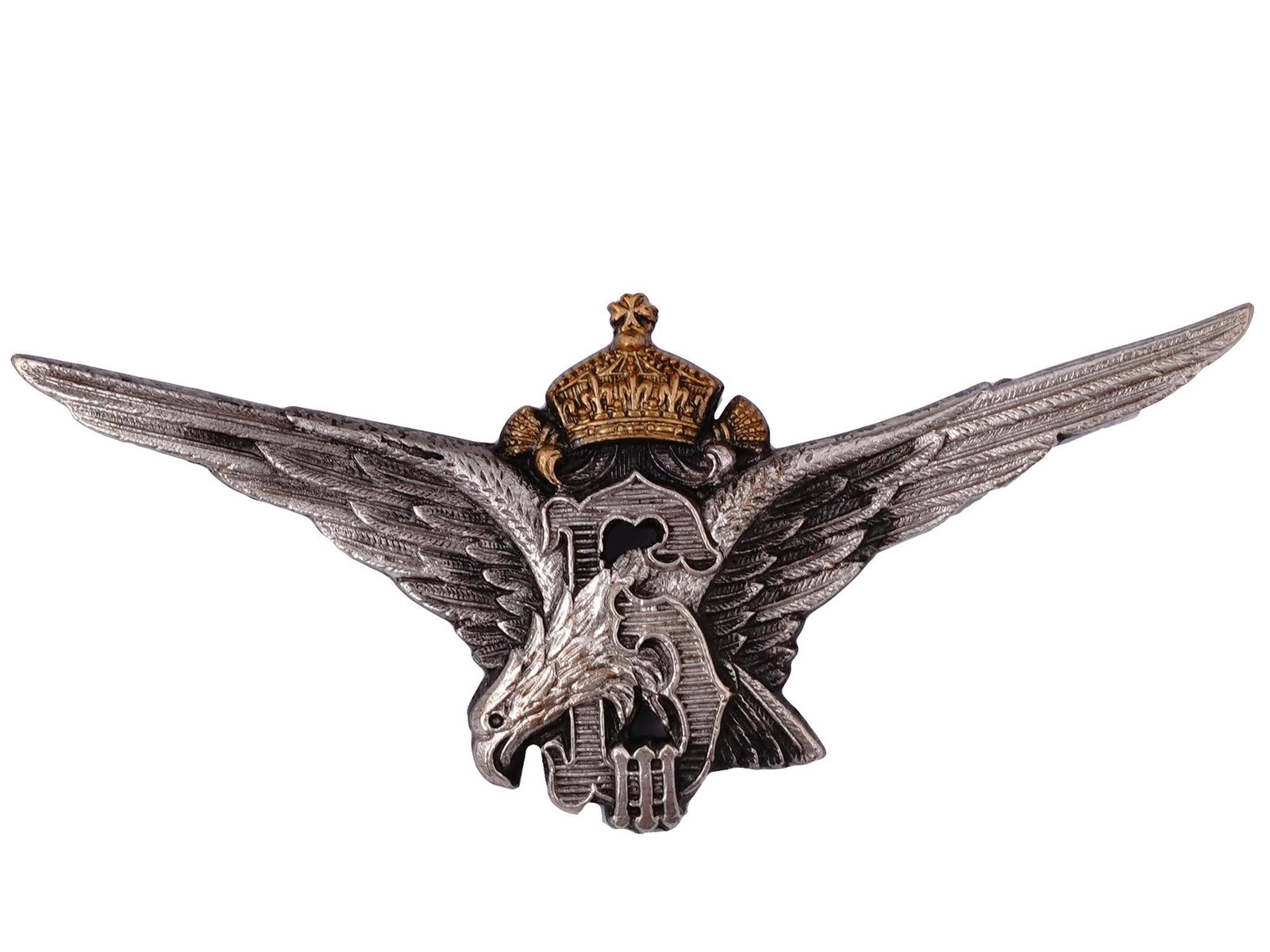 A BULGARIAN PILOT QUALIFICATION BADGE, C.1940: The badge is executed in gilt-bronze. The obverse depicts an eagle flying through the crowned cipher of Tsar Boris III (reign: 1918-1943), horizontal pinback construction. Dimensions: 1 1/16 x 2 3/8 i