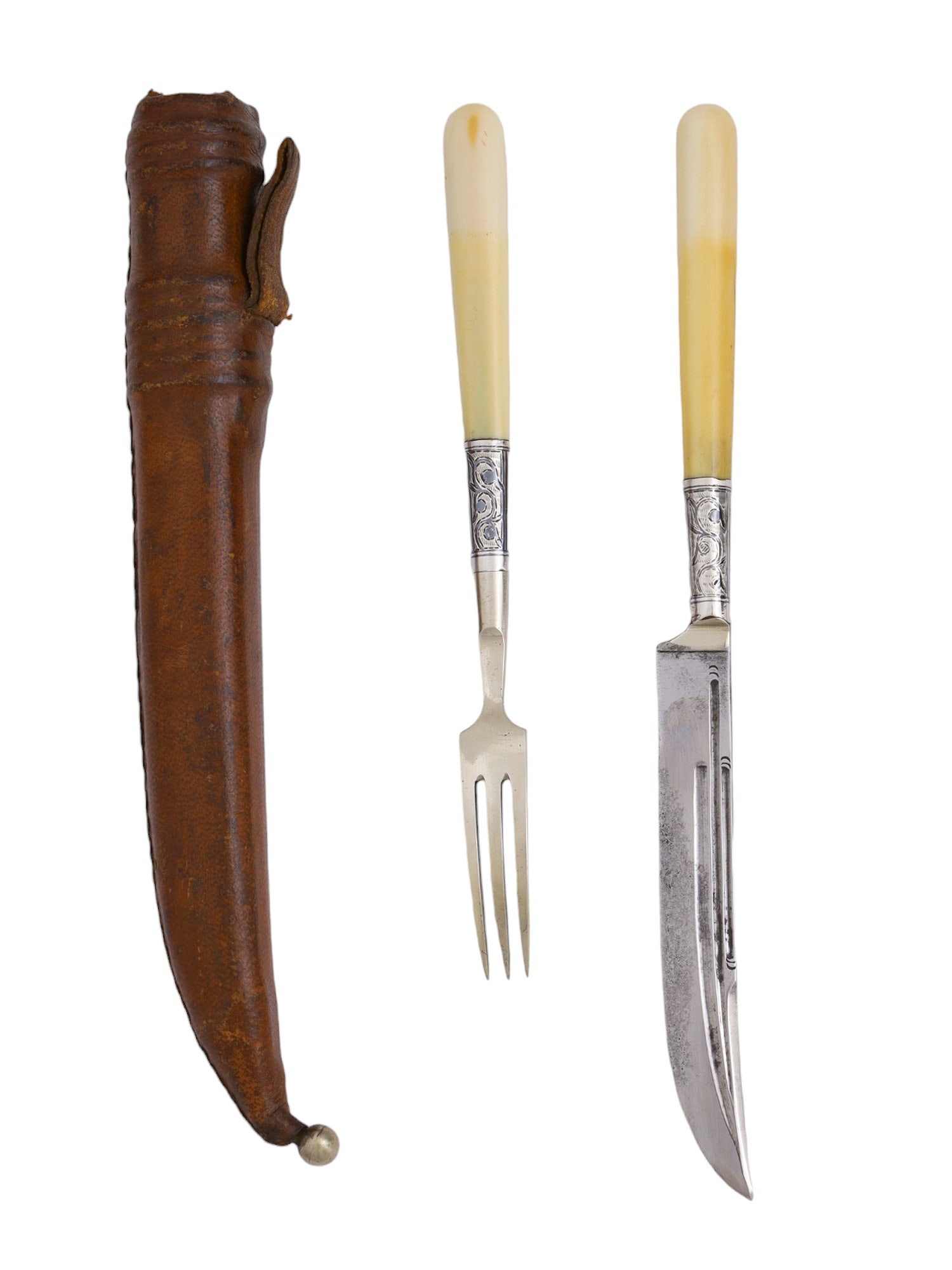 A PAIR OF CAUCASIAN OR TURKISH NIELLO-DECORATED EATING UTENSILS, 19TH C.: With a knife bearing a triple-fullered blade along with a three-pronged fork, both with smooth bone handles and niello decoration. The pair are kept within a leather sheath with a brass finial, with a