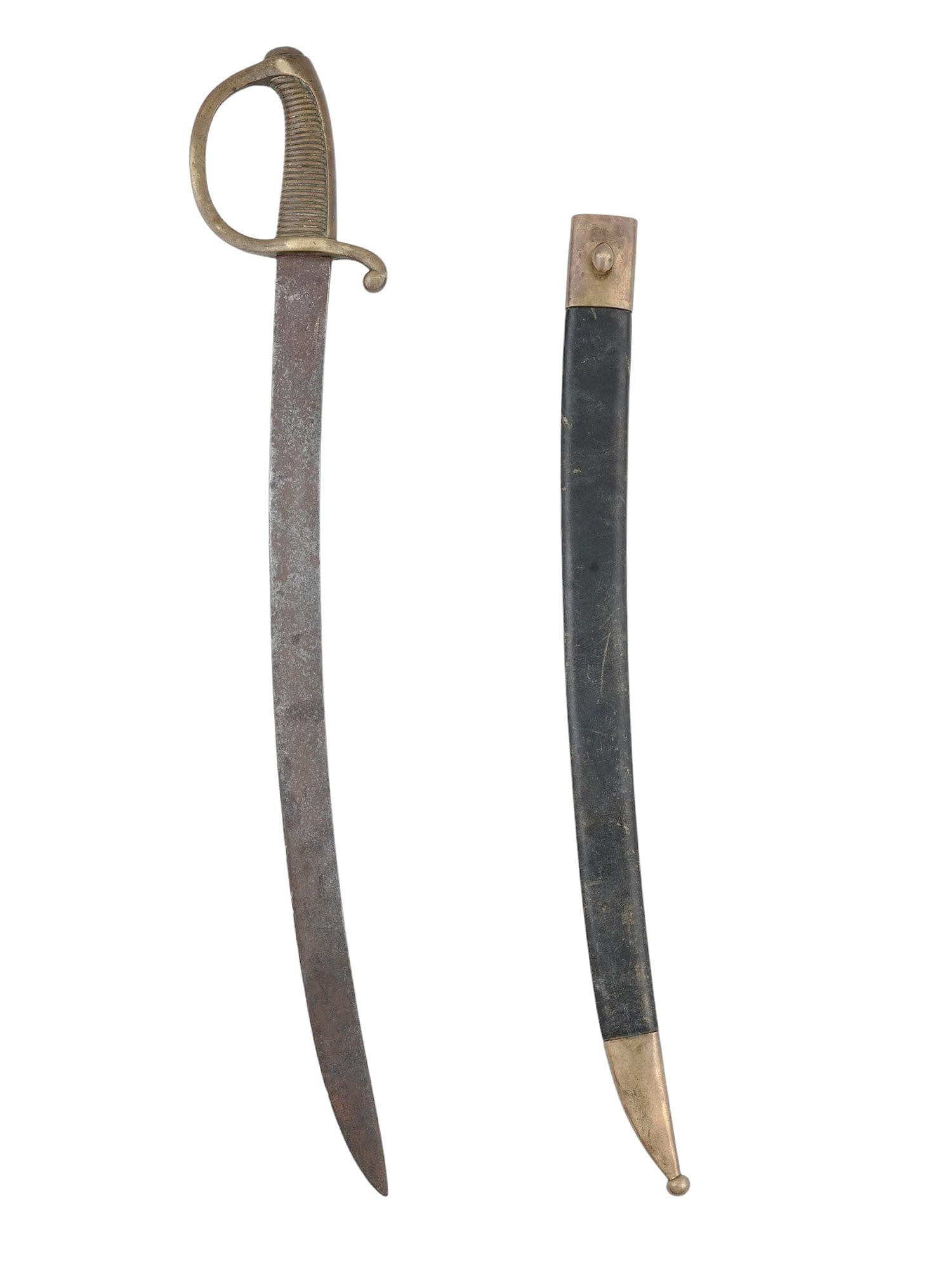 A FRENCH BRIQUET INFANTRY SHORT SWORD, 19TH CENTURY: A French Briquet short sword with a brass ribbed handle and a D-shaped knuckle guard. The knuckle guard is stamped with 'J.C.' and 'Versaille'. The sword is presented in a black leather scabbard with