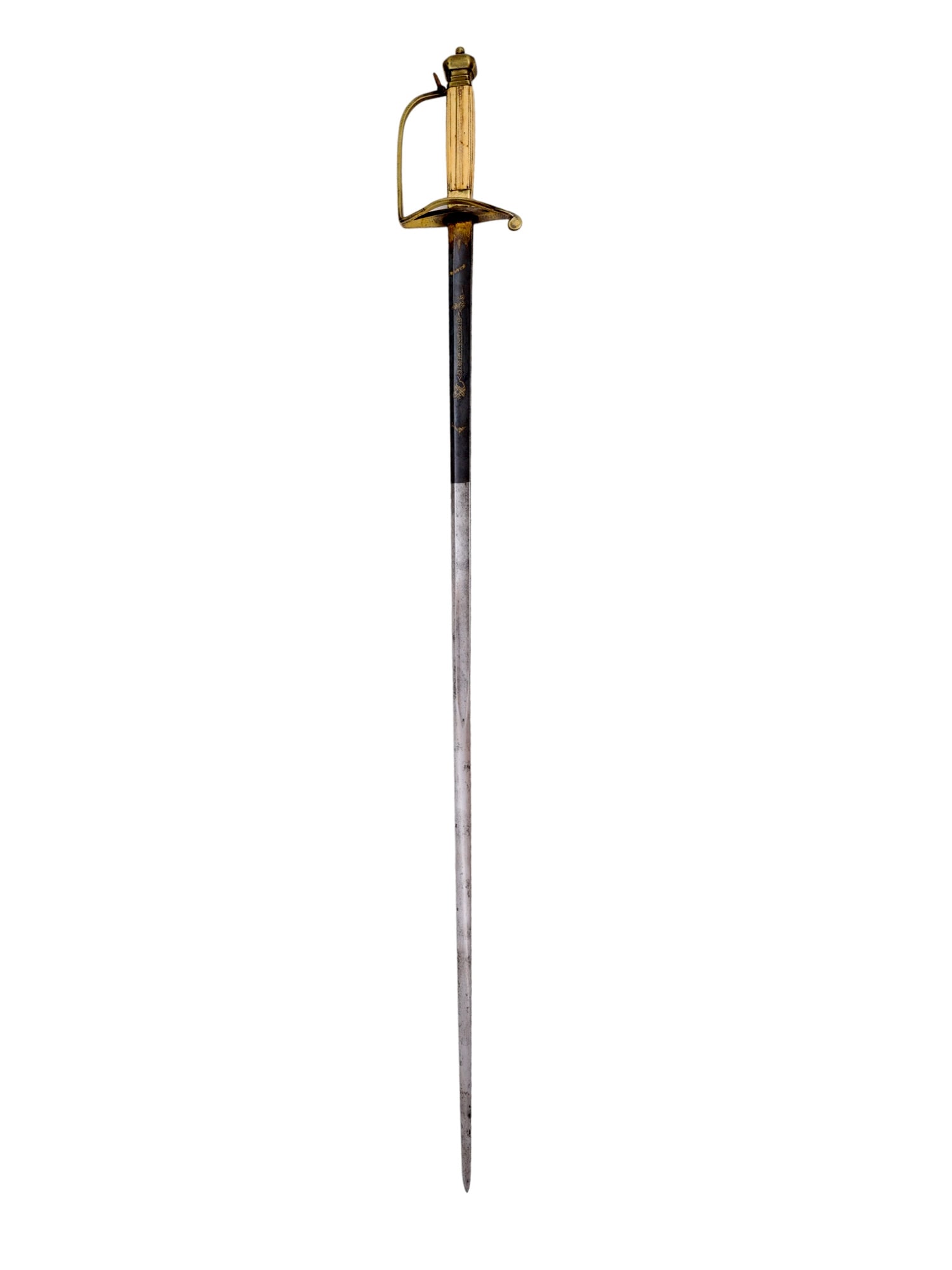 A BRITISH 1786 PATTERN INFANTRY GILDED OFFICER'S SWORD: This is a fine example of a British 1786 pattern infantry officer's sword. The first quarter of the straight blade is blued and bears gilded decorative engravings. There is an unknown script on either