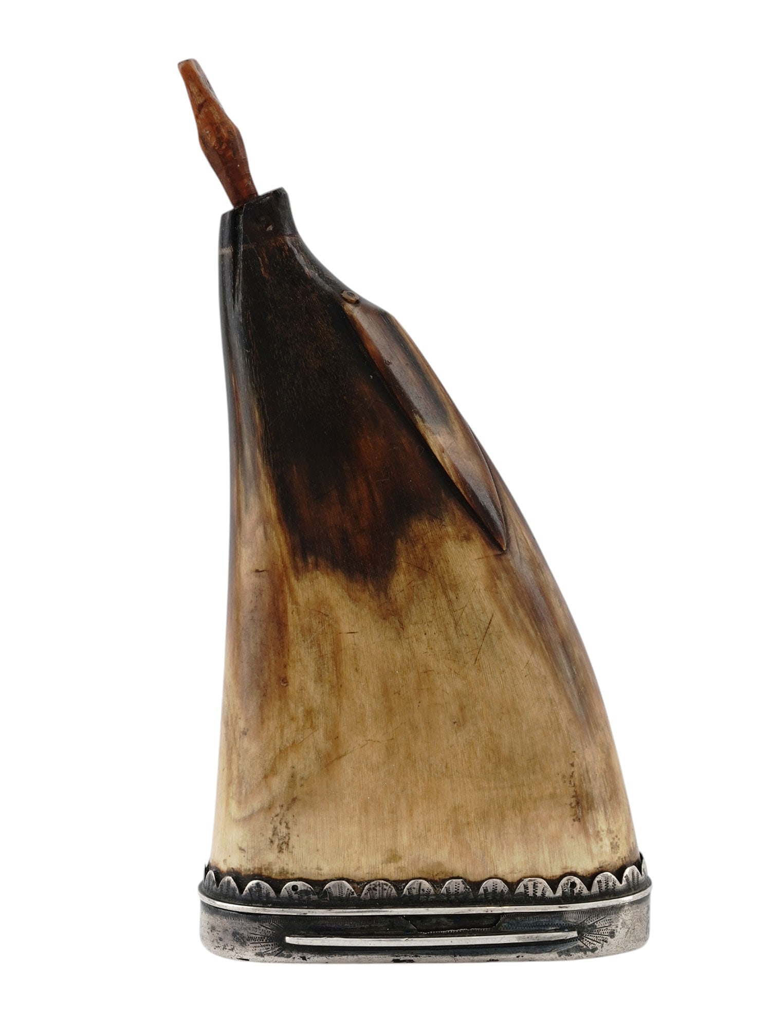 AN 18TH CENTURY HORN ZOOMORPHIC POWDERFLASK WITH SILVER MOUNTS (1 of 5)