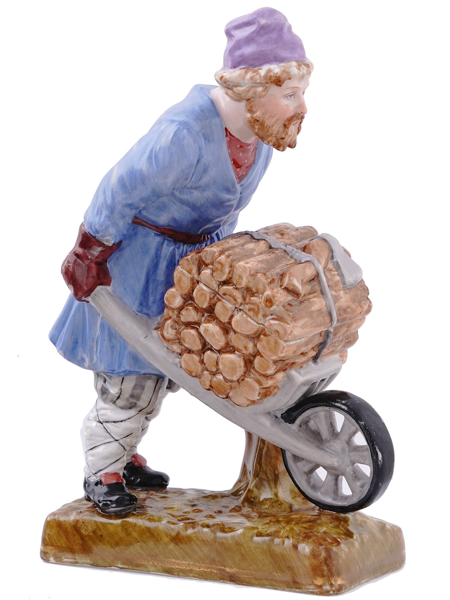 A RUSSIAN GARDNER PORCELAIN FIGURE/CONTAINER, PEASANT PUSHING WHEELBARROW, 19TH CEN. (1 of 7)