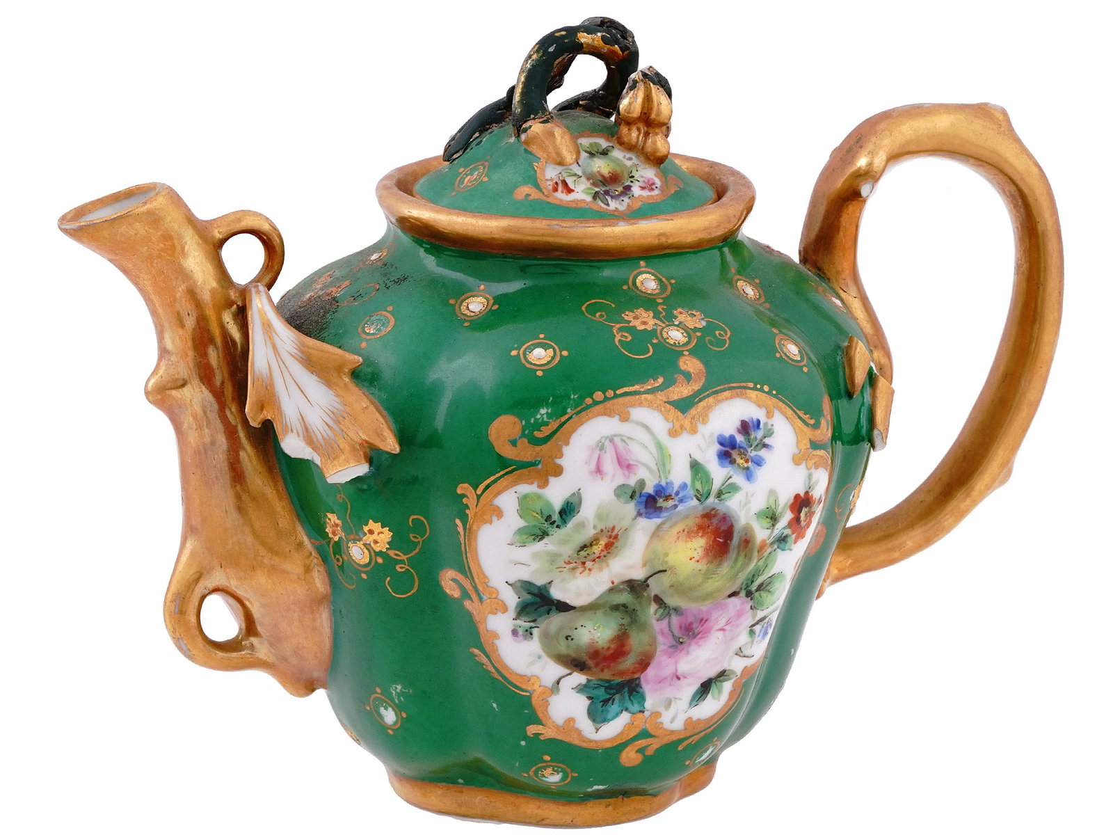 A GREEN GERMAN PORCELAIN TEAPOT IN ART NOUVEAU STYLE, 19TH/20TH CEN.: A green German porcelain teapot in art nouveau style with floral paintings to the sides and gilt foliate sculpting at the spout, lid, and handle. Germany, 19th or 20th century. Dimensions: H: 4 3/4 in