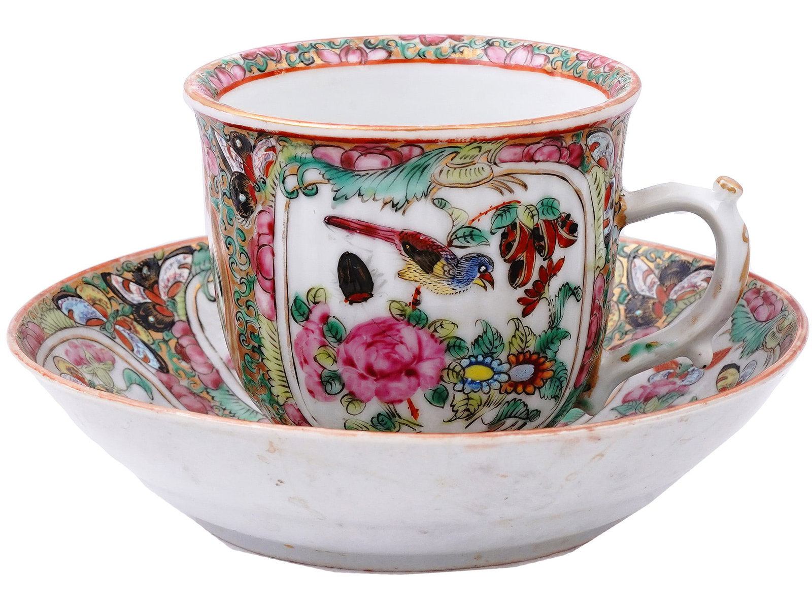 A CHINESE FAMILLE ROSE MEDALLION TEACUP AND SAUCER: Antique Chinese porcelain teacup and saucer decorated in Famille Rose Medallion pattern and palette. Dimensions: Cup H: 2 3/4 in., ( 7 cm.); Saucer D: 5 1/2 in.; ( 12.5 cm.) Please make all inquiries 