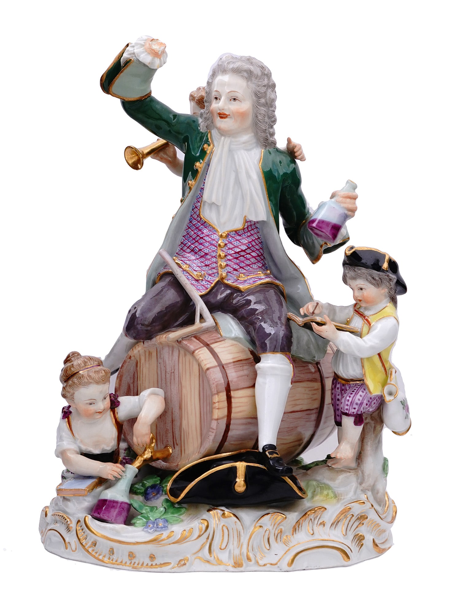A MEISSEN FIGURES THE GERMAN BACCHUS MODEL D 13, JOHANN C. SCHOENHEIT, CA 1880: A rare group of Meissen figures dubbed "German Bacchus", by sculptor Johann Carl Schoenheit (1730-1805). The piece is an interpretation of the Ancient Greek legends regarding Dionysus, god of wine and