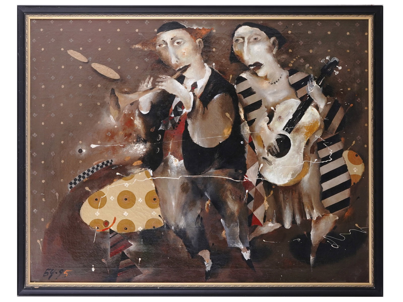 A BORYS TCHERNYKH (CHECK NAME) OIL ON CANVAS PAINTING 'MUSICIANS', 1995: ink stamp top right says 'permitted' by ukrainian customs Dimensions: 25 3/8 x 35 1/8 in., (64.5 x 89.2 cm.) Please make all inquiries before bidding. All lots are sold "as-is", refer to our T&C. Heli