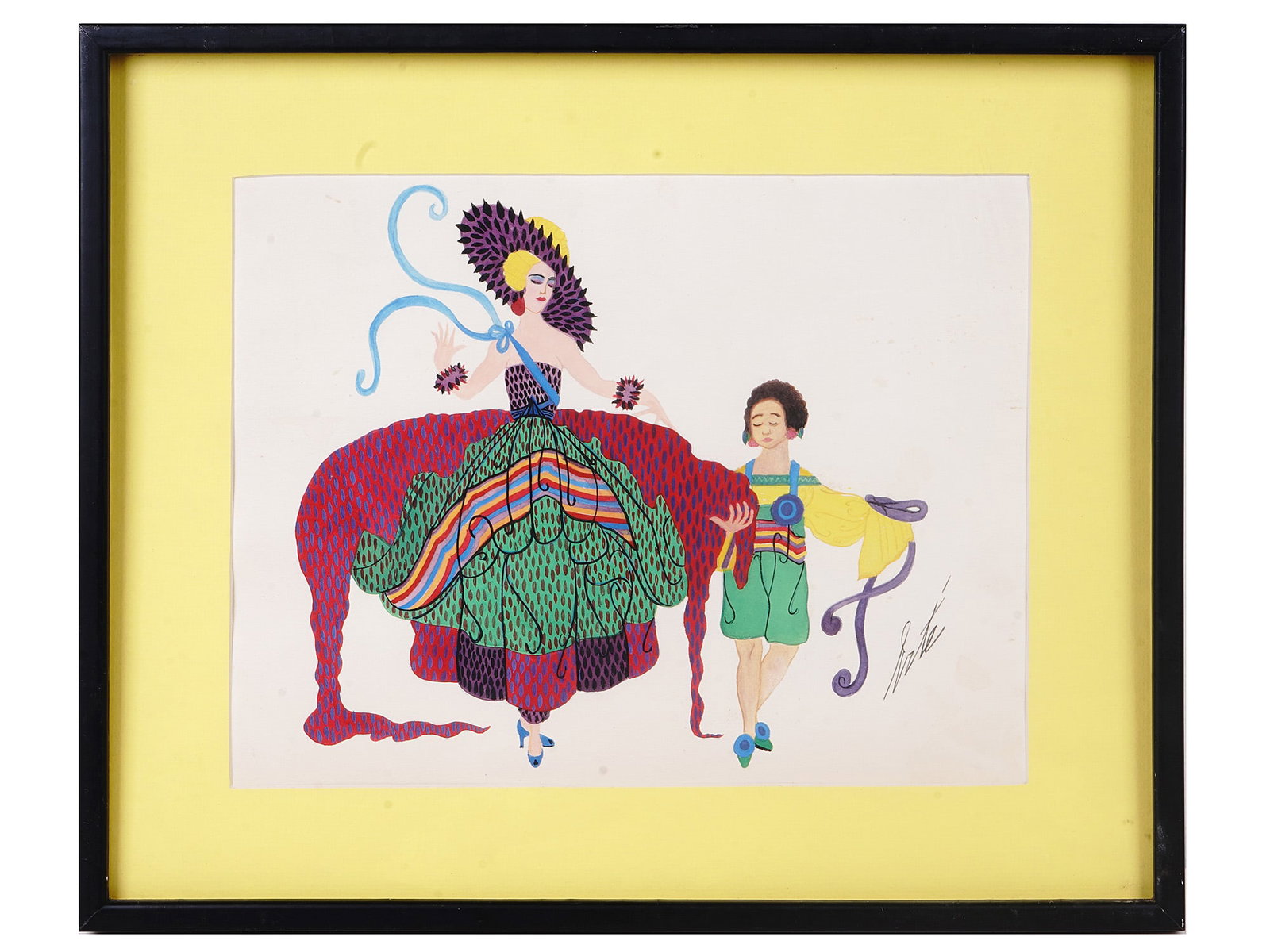 A MIXED MEDIA COSTUME PAINTING: A mixed-media painting depicting the costumes of a woman and a girl. Dimensions: 10 1/2 x 13 1/2 in., (26.7 x 34.3 cm.) Please make all inquiries before bidding. All lots are sold "as-is", refer to ou
