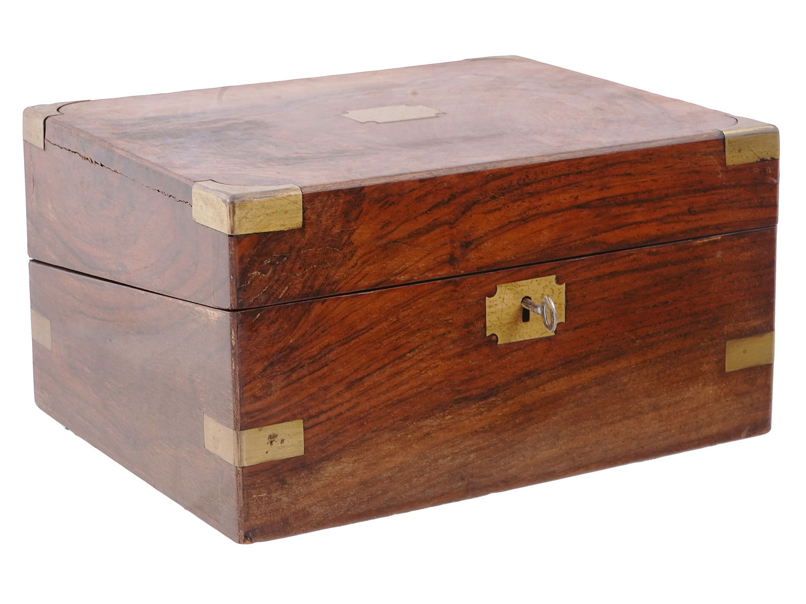 AN ENGLISH TRAVELING WRITING CASE: An English-style writing case made of wood with brass mounts. Interior is of typical compartment design with red felt lining. Provided with the original key and two 1982 World's Fair admission tickets