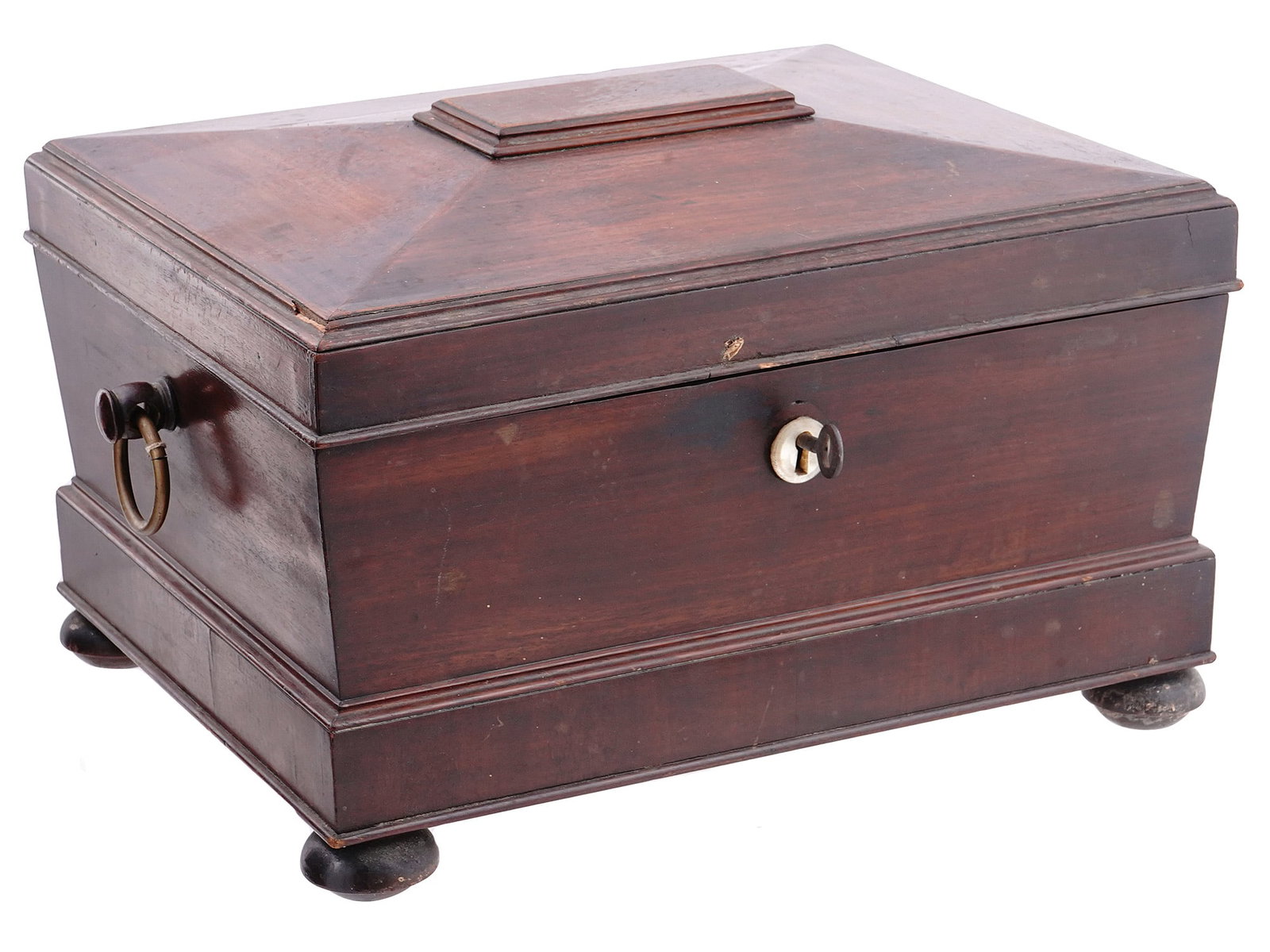 A LEGGED LLIDDED WOODEN TREASURE JEWELRY CHEST, FRANCE, 19TH CENTURY: An antique jewelry case (possibly French) with its original key, round wooden feet, and side handles. Interior is divided into typical compartments for the storing of jewelry with three topped with fe