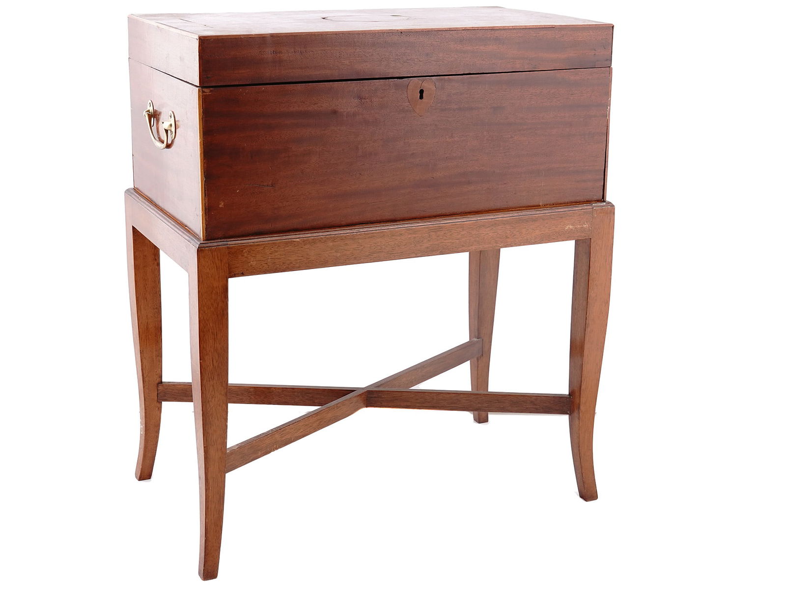 AN ENGLISH CELLARETTE: An English-style cellarette raised on straight and tapered legs with two side handles. Dimensions: 19 x 11 x 22 in., (48 x 28 x 56 cm.) Please make all inquiries before bidding. All lots are sold "as-