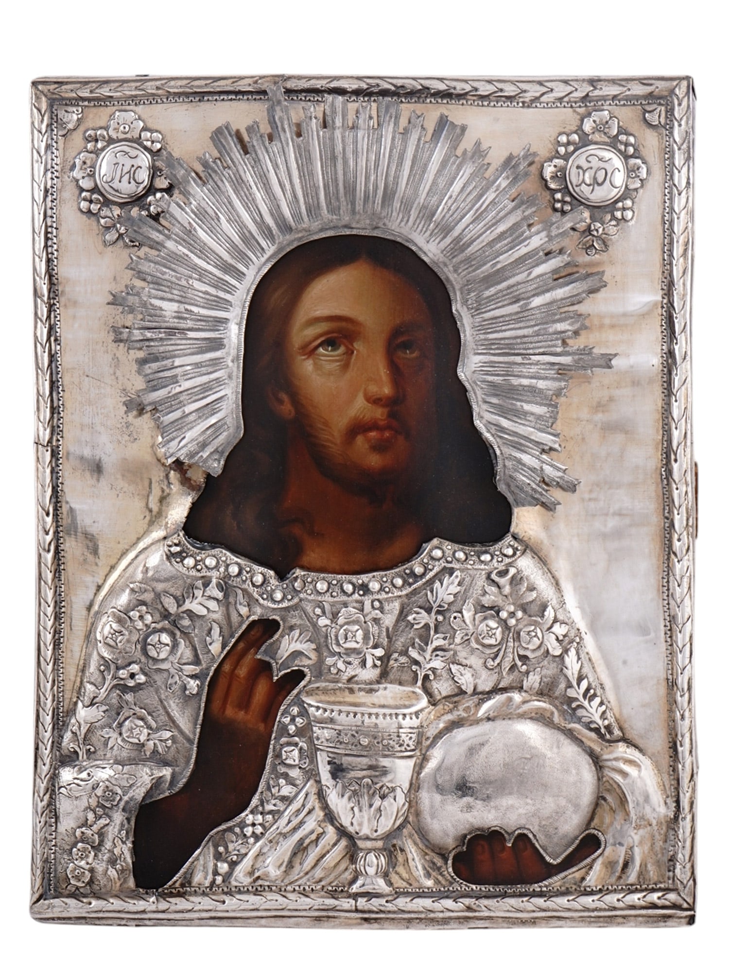 A RUSSIAN ICON OF THE CHRIST PANTOCRATOR WITH A SILVER OKLAD, 19TH CEN. (1 of 3)