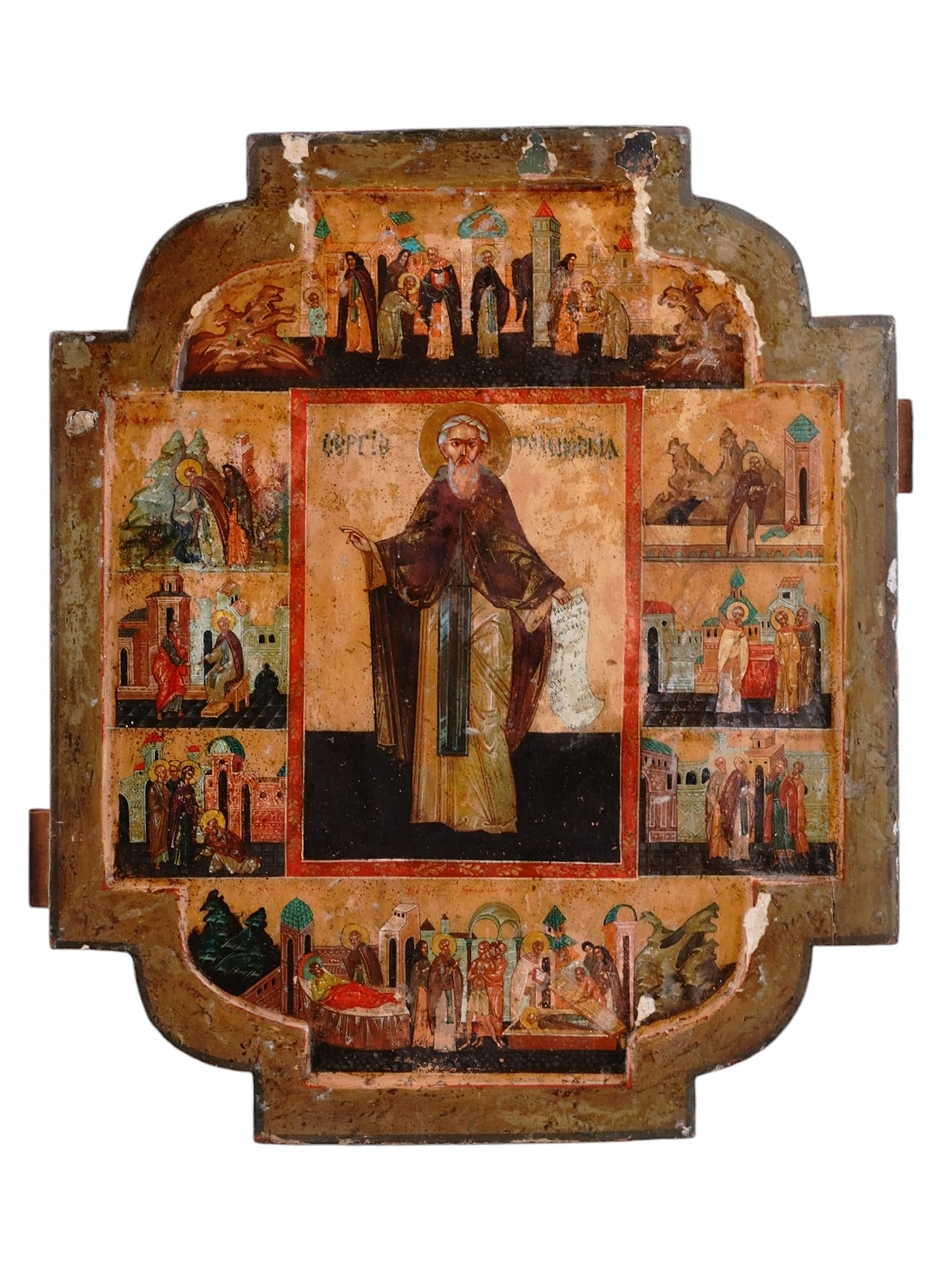 A RUSSIAN ORTHODOX ICON OF ST. SERGEI, TEMPERA OF WOOD, 19TH CEN. (1 of 7)