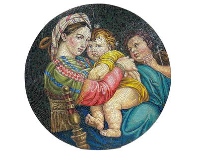 A LARGE MOSAIC TABLETOP "MADONNA DELLA SEGGIOLA" AFTER RAPHAEL: An Italian mosaic tabletop of "Madonna Della Seggiola" after Raphael, Rome, late 19th - early 20th century. Dimensions: D: 48 in., (122 cm.) Please make all inquiries before bidding. All lots are sold