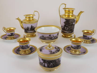 RUSSIAN PORCELAIN SERVICE, GARDNER, 19TH CENTURY: A RUSSIAN PORCELAIN TEA AND COFFEE SERVICE. Gardner Factory, circa 1830s. Russian porcelain coffee and tea service comprising a tea pot, a coffee pot, four cups with saucers, a sugar bowl and a bowl.