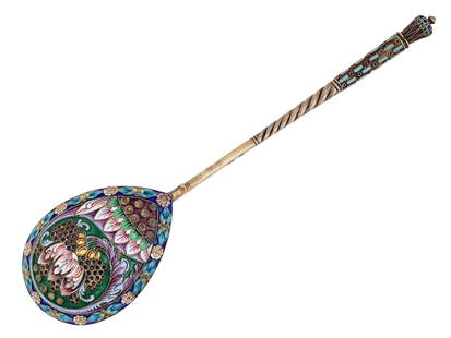 LARGE RUSSIAN SILVER AND ENAMEL SPOON,: A LARGE RUSSIAN SILVER-GILT AND CLOISONNE ENAMEL SPOON Moscow, The back of the bowl decorated with floral and abstract ornament in a wide range of intense colors, the stylized twist handle with confor