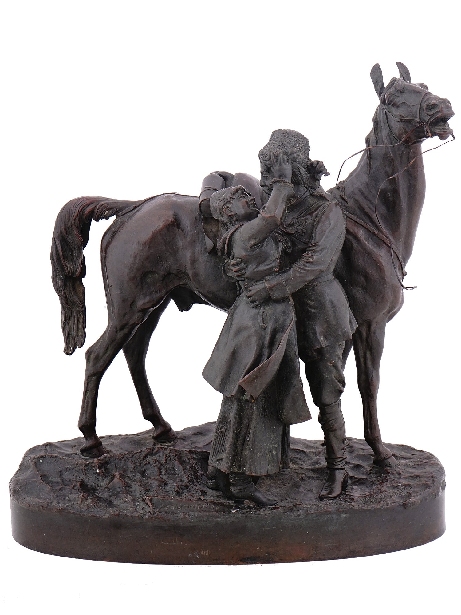 RUSSIAN BRONZE GROUP, V. GRACHEV, 19TH CENTURY: A PATINATED RUSSIAN BRONZE FIGURAL GROUP "Farewell Kiss" Cast by C.F. Woerffel after a model by Vasiliy Grachev (1831-1905), late 19th century. On the naturalistically modeled base depicting a Cossack