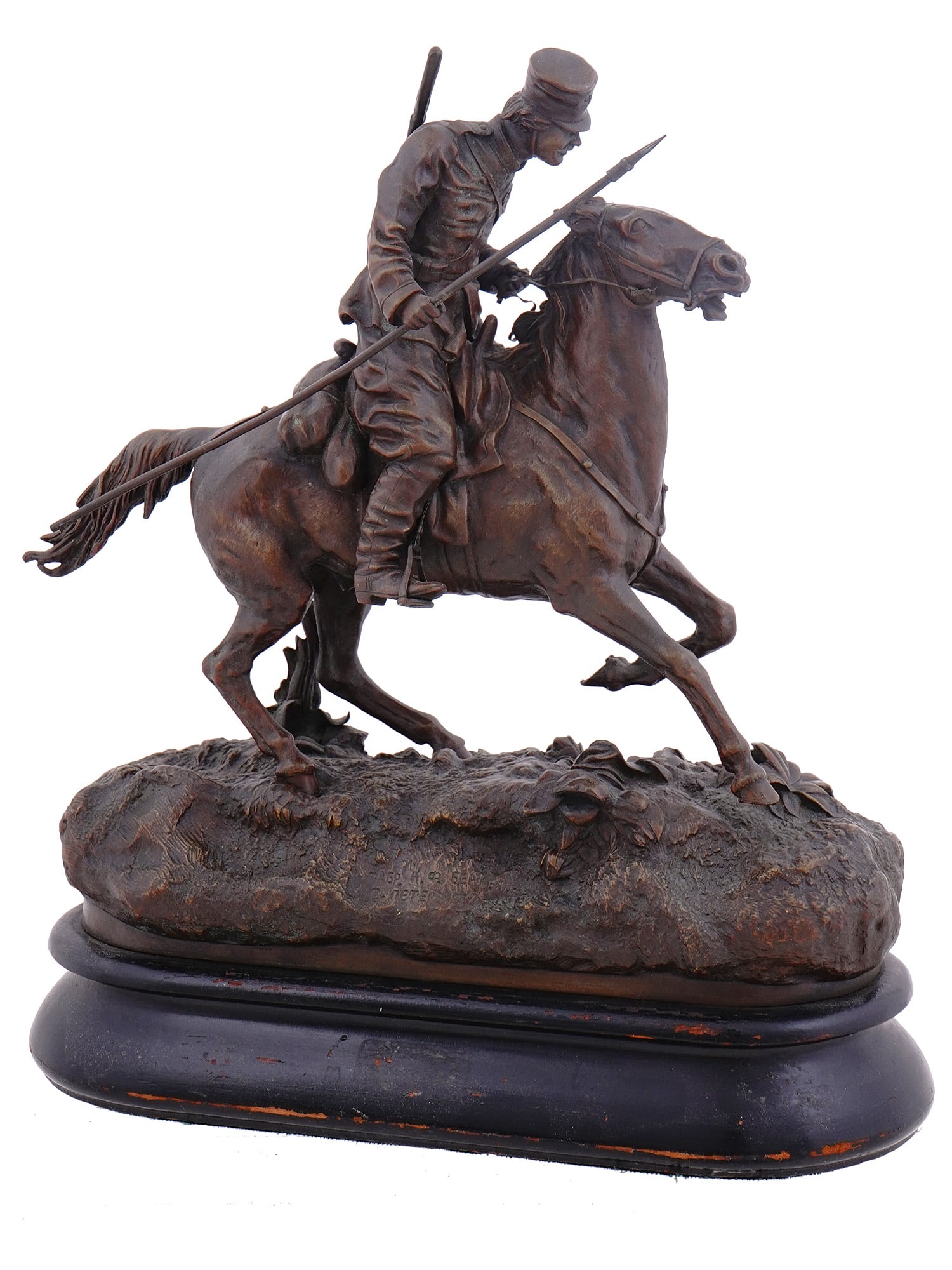 RUSSIAN BRONZE GROUP, V. GRACHEV, 19TH CENTURY: A PATINATED RUSSIAN BRONZE FIGURAL GROUP "Cossack on Horseback" Cast by C.F. Woerffel after a model by Vasiliy Grachev (1831-1905), late 19th century. On an oval naturalistically modeled base, cast as