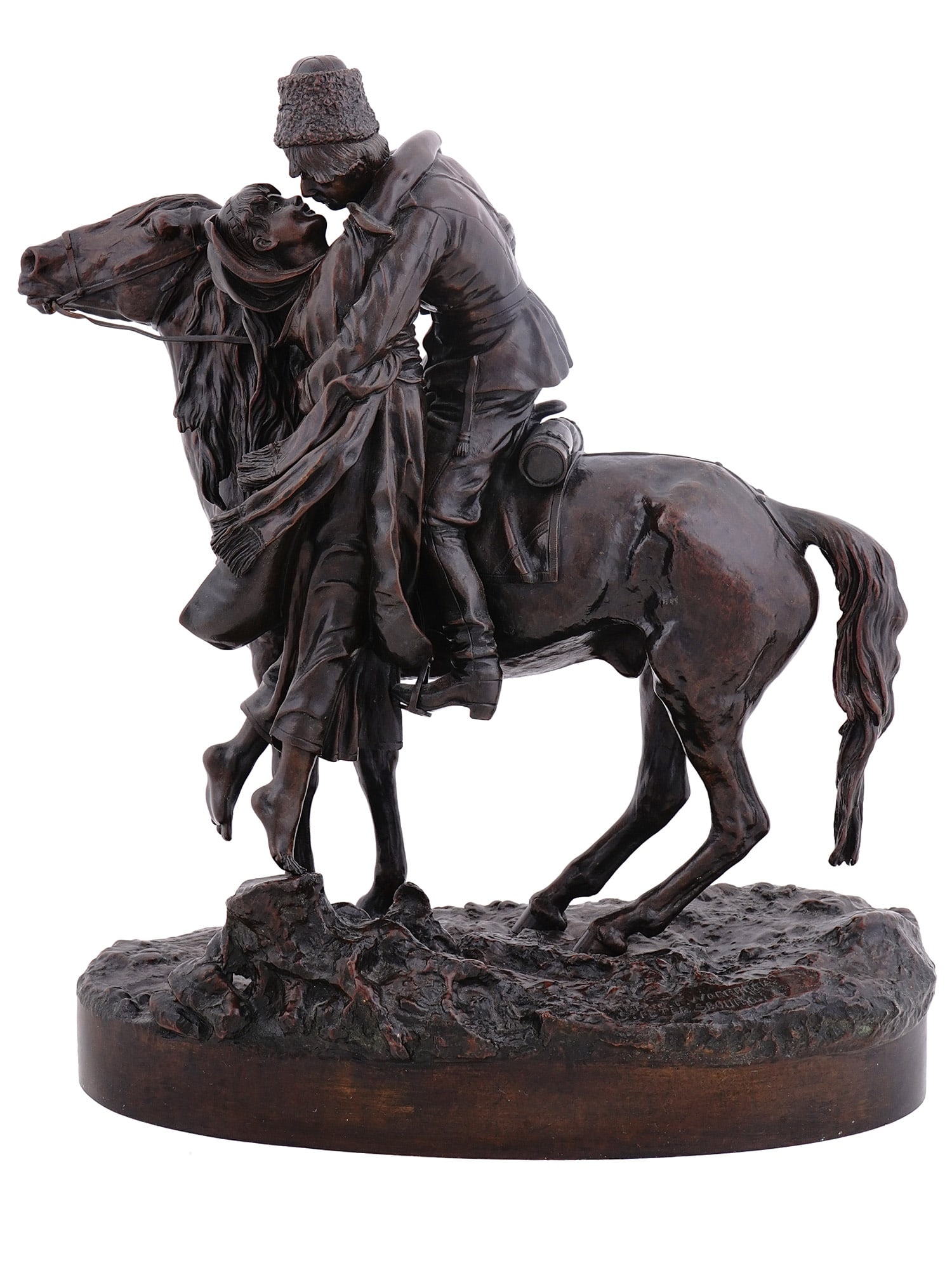 RUSSIAN BRONZE GROUP, V. GRACHEV, 19TH CENTURY: A PATINATED RUSSIAN BRONZE FIGURAL GROUP "Farewell Kiss" Cast by C.F. Woerffel after a model by Vasili Grachev (1831-1905), late 19th century. A highly detailed, beautifully patinated bronze figural g