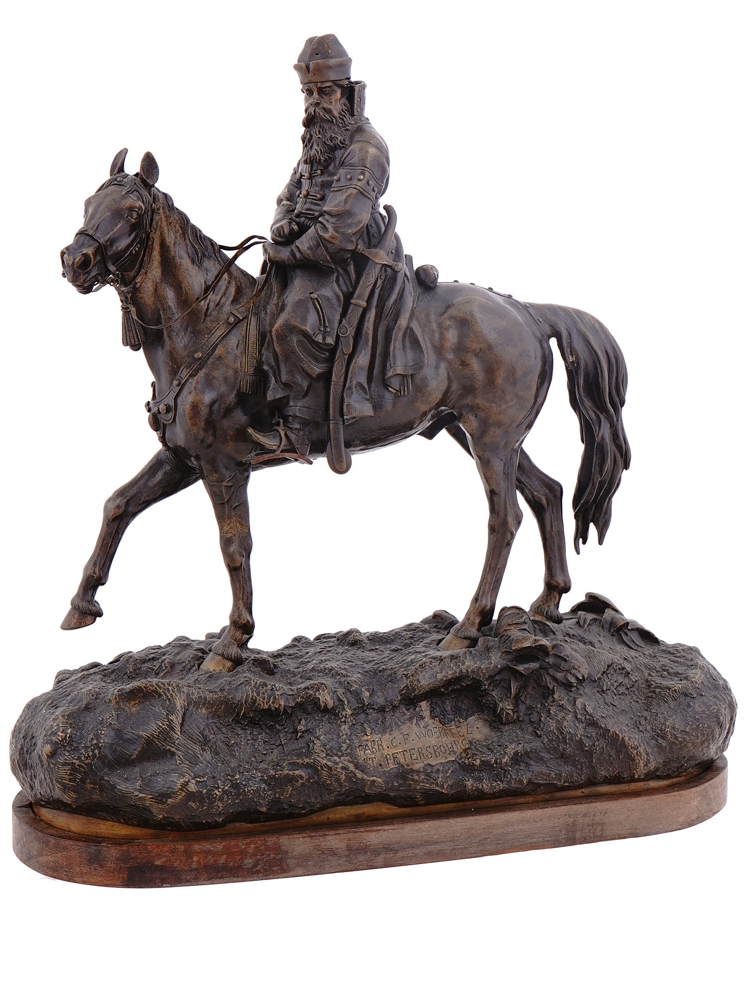 RUSSIAN BRONZE GROUP, V. GRACHEV, 19TH CENTURY: A PATINATED RUSSIAN BRONZE FIGURAL GROUP "Boyar" Cast by C.F. Woerffel after a model by Vasiliy Grachev (1831-1905), late 19th century. A fine and rare bronze figural group on an oval naturalistically